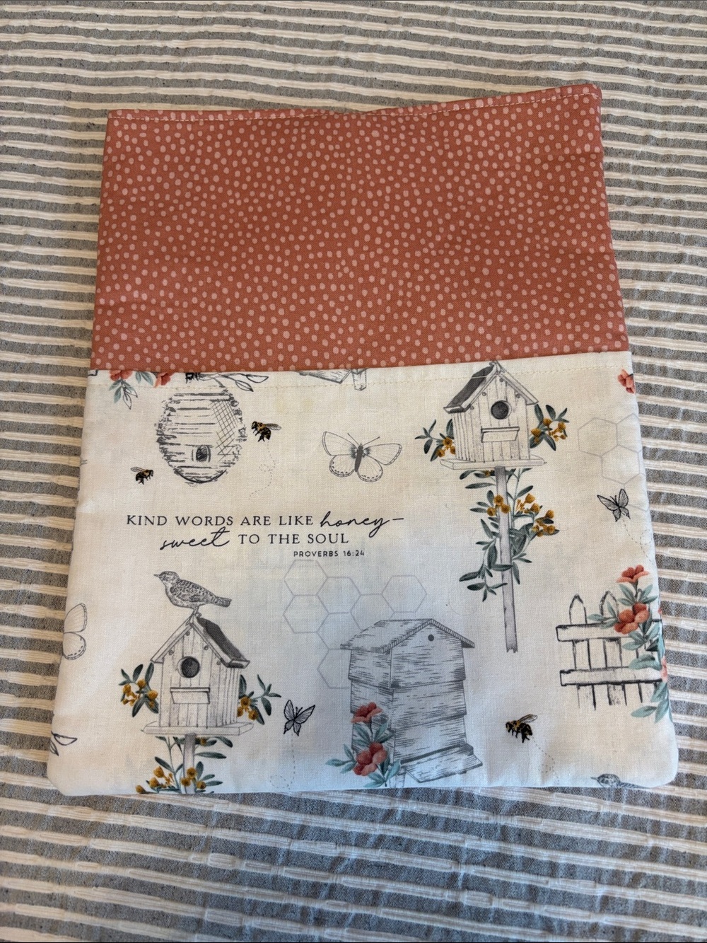 Birdhouse & Floral Cotton Book Cover in Coral and Cream